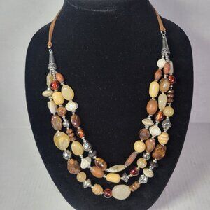 Multi-Color Beaded Necklace With Silver Accents & Adjustable Leather Cord